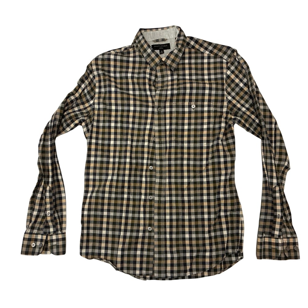 Banana Republic Slim Fit Button Down Shirt Mens M Gingham Black Tan Cotton